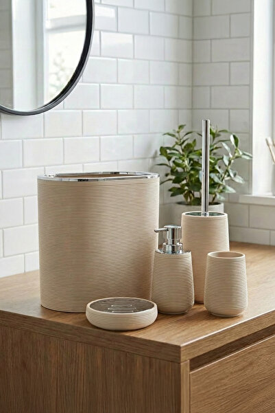 Vadi Modern Cream Striped Bathroom Accessory Set 5 Pieces