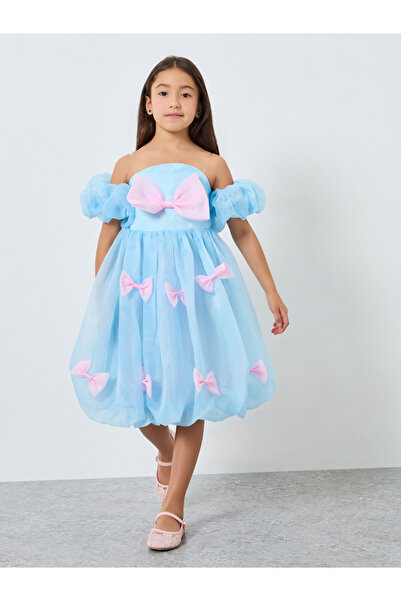 Take Two By Styli Girls Light Blue Puff Sleeve Bow Detail Dress