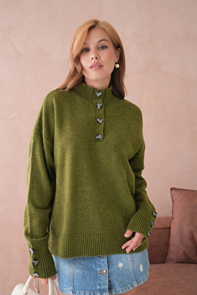 CARLA MARA Women's Mock Neck Sleeves Button Detailed Soft Textured Fleece-Lin...