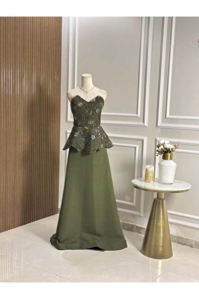 vanus fashion 6743-فستان زيتوني بتصميم ببتوب