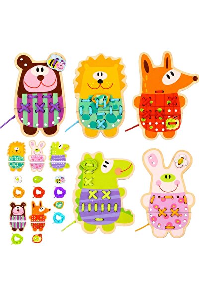 woopie Joc de Șnuruit din Lemn 5 în 1 GREEN – Animale Educative pentru Copii,...