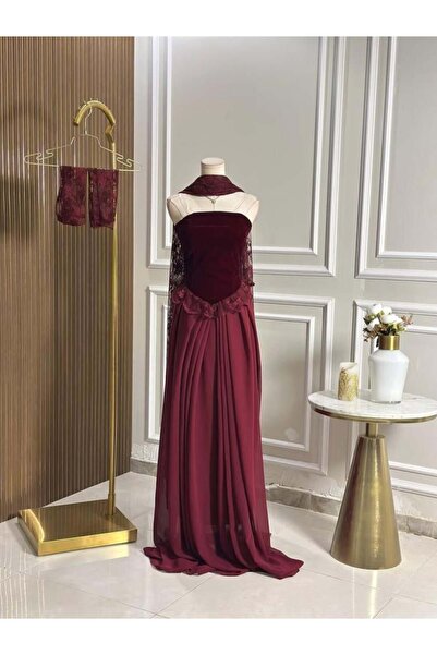 vanus fashion 6744-فستان عودي مخملي مع دانتيل ناعم