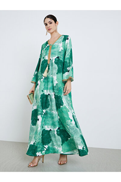 Styli Women Green Printed Jalabiya with Tassel Detail