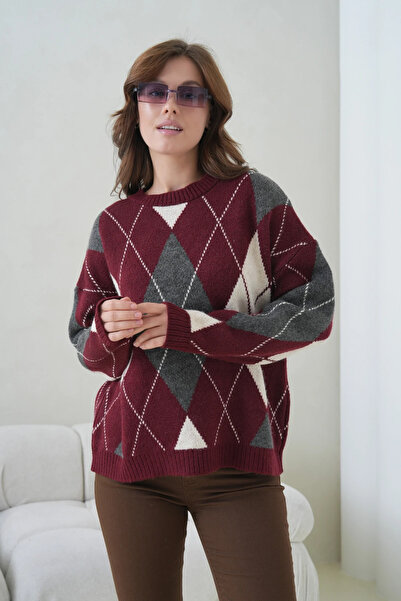 CARLA MARA Women's Crew Neck Diamond Patterned Knitwear Sweater