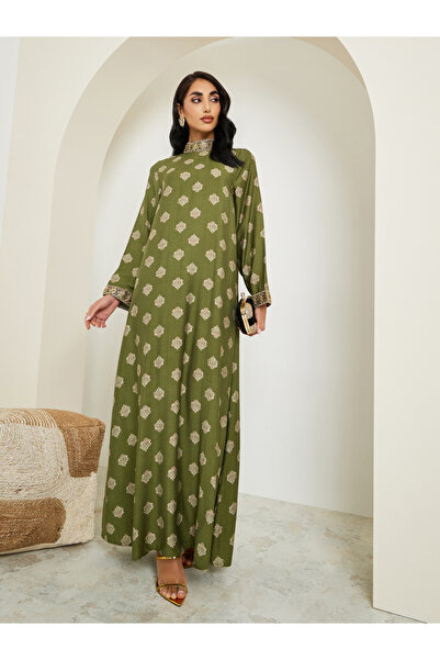 Styli Women Stand Collar Printed Jalabiya With Lace Trim