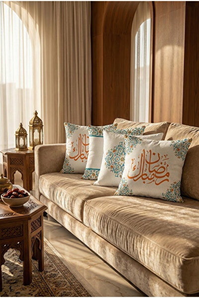 Cango Home Mavi Turuncu Motifli Ramazan Temalı 4'lü Dijital Baskılı Kırlent K...