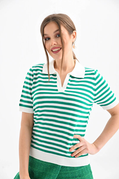 CARLA MARA Women's Polo Neck Short Sleeve Striped Knit Sweater