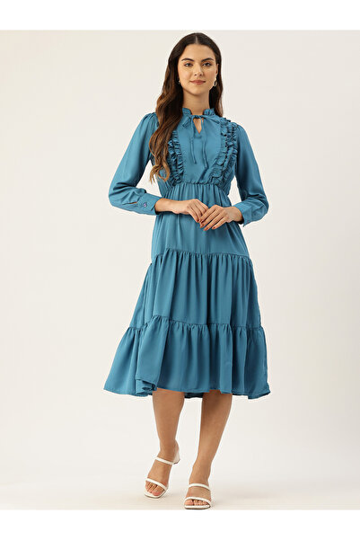 RUE COLLECTION By Styli فستان ميدي أزرق برباط عند الرقبة للنساء
