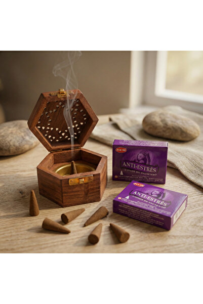 memyap hşap Konik Tütsü Kutusu + Anti Stress Kokulu Konik Tütsü Seti | Kapakl...