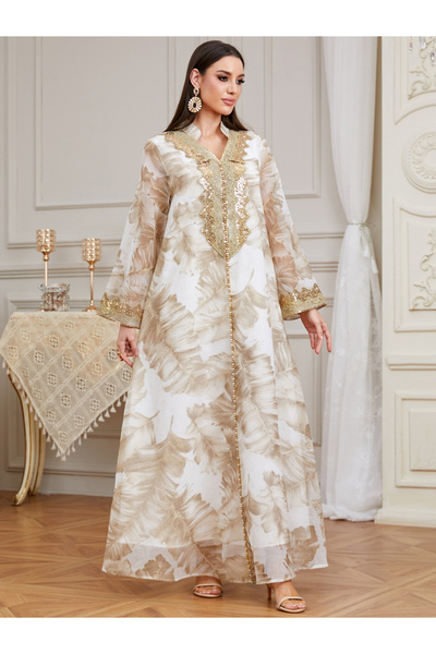 Take Two By Styli جلابية نسائية مطبوع بتطريزات زهور وترتر