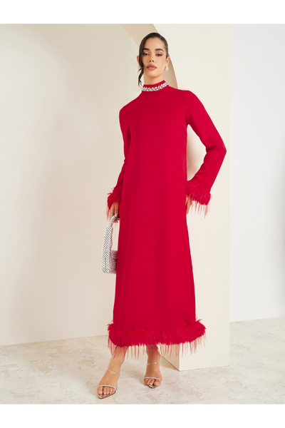 Styli Women Red Embellished High Neck Shift Midi Dress