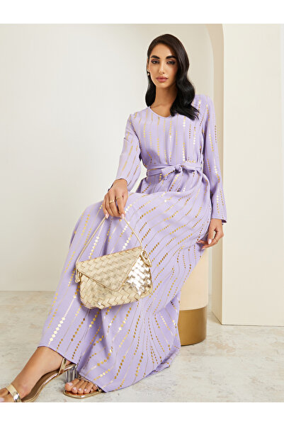 Styli Women Foil Print Jalabiya with Tassel Trim Belt