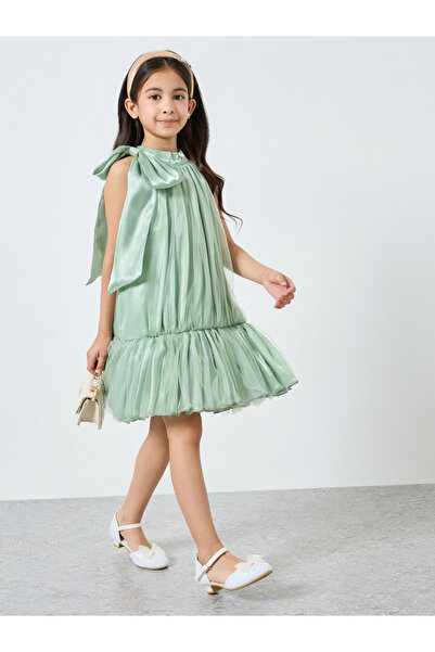 Take Two By Styli Girls Green Organza Bow Detail Ruffle Hem Dress