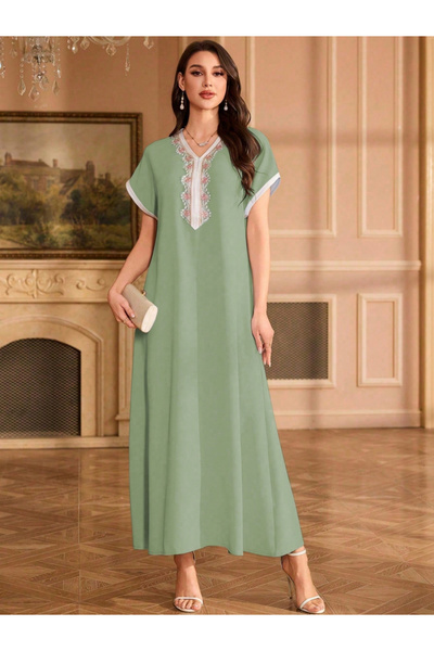 Take Two By Styli Women Floral Patch Detail V Neck Jalabiya