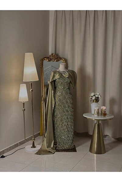 vanus fashion 6532-فستان سهرة بلون زيتي فخم