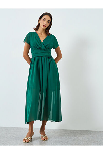 Take Two By Styli Women Green V-Neck Fitted Waist Pleated Maxi Dress