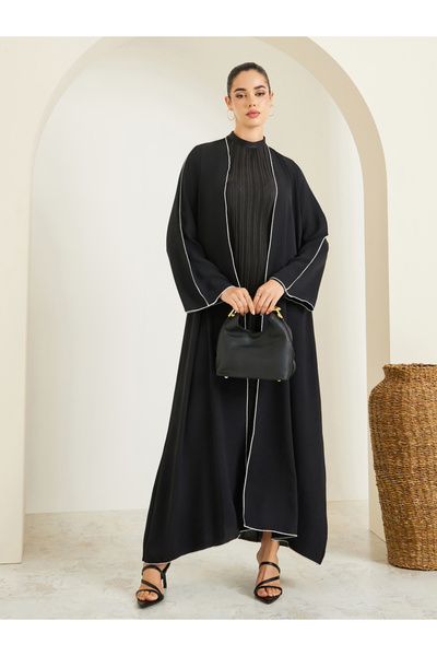 Styli Women Black Front Open Abaya with Contrast Piping