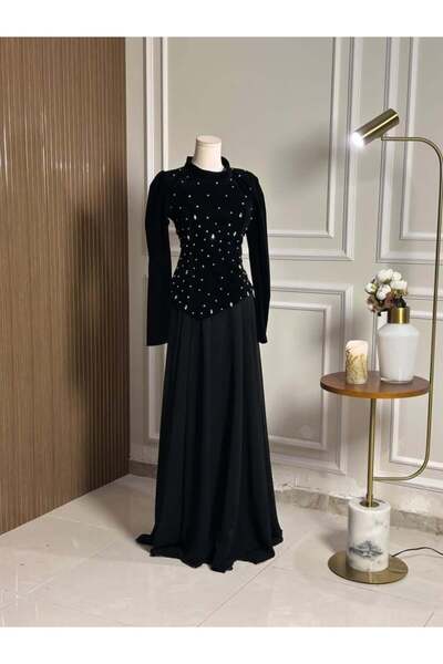 vanus fashion 6717-Black velvet dress