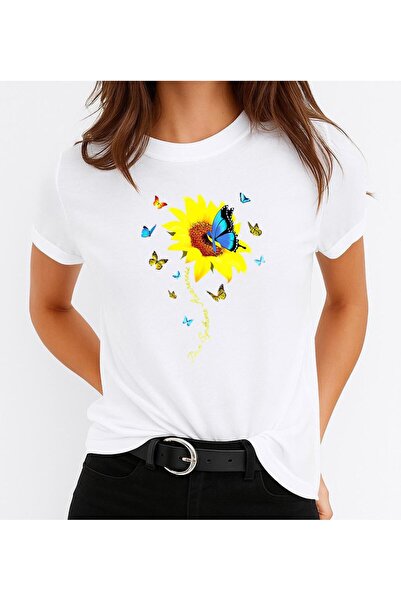 OEM Women's T-shirt 100% Cotton Yellow Flower And Blue Butterfly