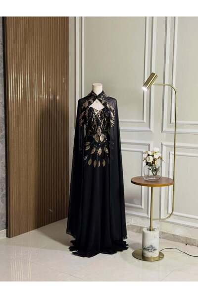vanus fashion 6754-فستان ملكي أسود مع كاب راقي