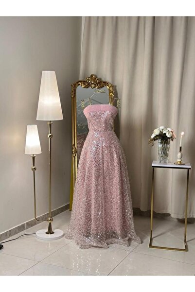 vanus fashion 6408-فستان وردي مطرز بالكامل