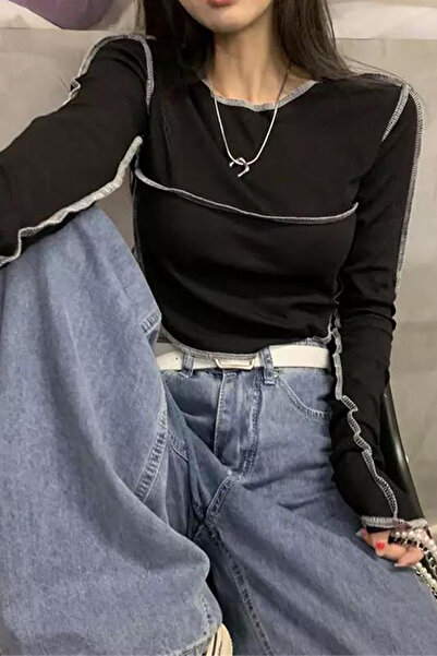 İlayda Toprak Γυναικεία μακρυμάνικη μπλούζα με αντίστροφη ραφή, βασική φαρδιά...