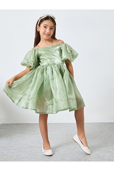 Take Two By Styli Girls Green Pearl Puff Faux Pearl Embellished Dress