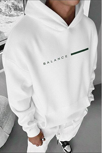 CAST COLLECTİON Men's White Balance Printed Combed Cotton Hooded Sweatshirt