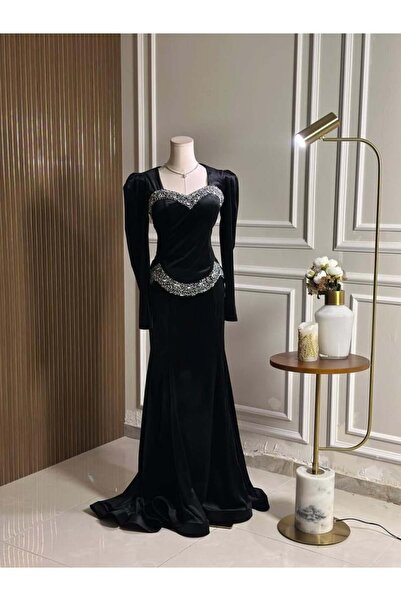 vanus fashion 6724-فستان مخملي أسود أنيق جدًا