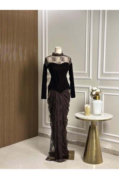 vanus fashion 6747-فستان دانتيل بني فخم وفريد