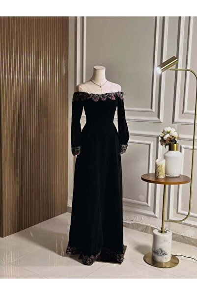 vanus fashion 6719-فستان مخملي أسود راقٍ