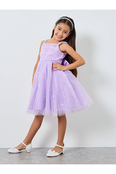 Take Two By Styli Girls Purple Embellished Strappy Mesh Midi Dress
