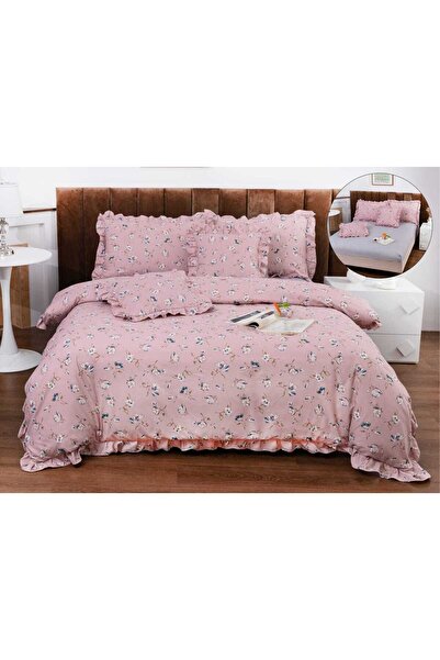 trendyhome Lenjerie de pat elastică, bumbac fin, volane, 6 bucăți, flori, roz