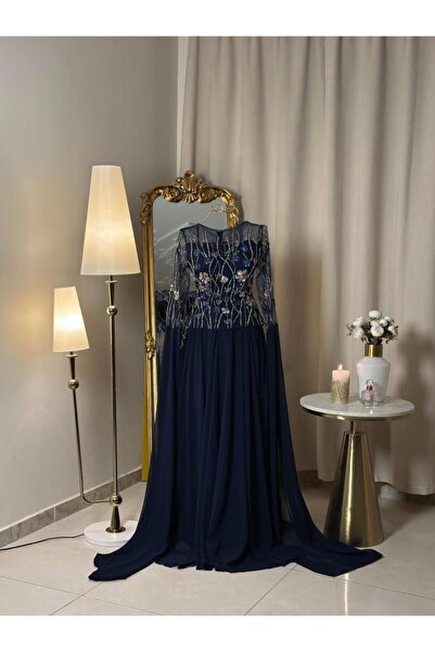 vanus fashion 6473-فستان كحلي فخم بتطريز لامع
