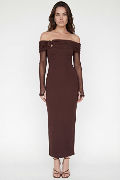 Lafaba Women's Brown Collar Accessory Detail Maxi Stylish Dress