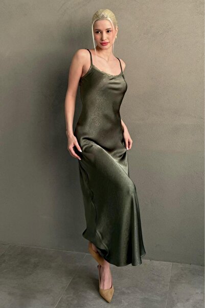 Madmext Green Adjustable Strap Lace Detailed Women's Satin Dress Mg2660