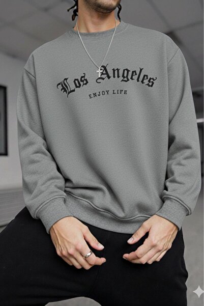 NO 601 Men's Stone Gray Crew Neck Los Angeles Enjoy Printed Crew Neck Sweatshirt