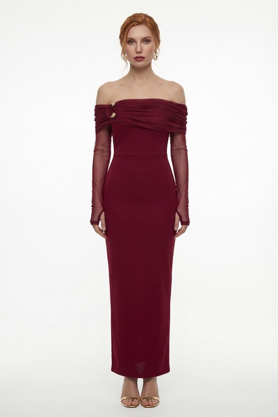 Lafaba Women's Burgundy Collar Accessory Detail Maxi Stylish Dress