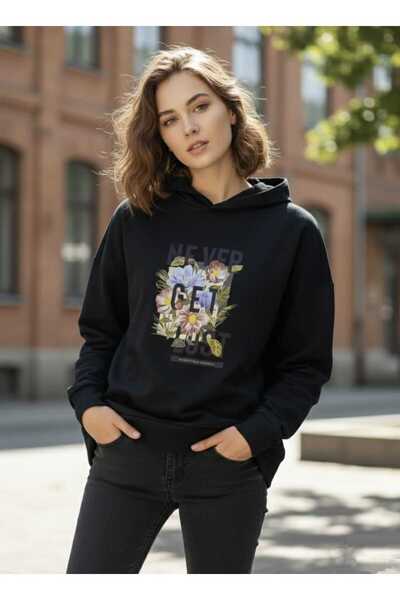 AQE FASHION Swea tricou Never Get Print pentru femei, cu detaliu, cu glugă cu...