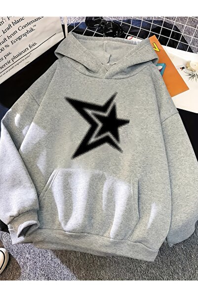Deocept Unisex Yıldız Printed Hooded Comfortable Fit Oversized Cut Sweatshirt...