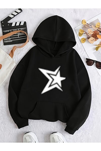 Deocept Unisex Yıldız Printed Hooded Comfortable Fit Oversized Cut Sweatshirt...