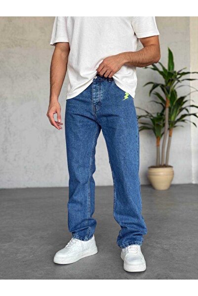 duo fideles Men's Blue Lightning Embroidered Baggy Jean Wide Leg Relaxed Fit ...