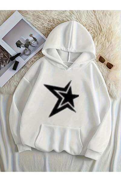 Deocept Unisex Yıldız Printed Hooded Comfortable Fit Oversized Cut Sweatshirt...