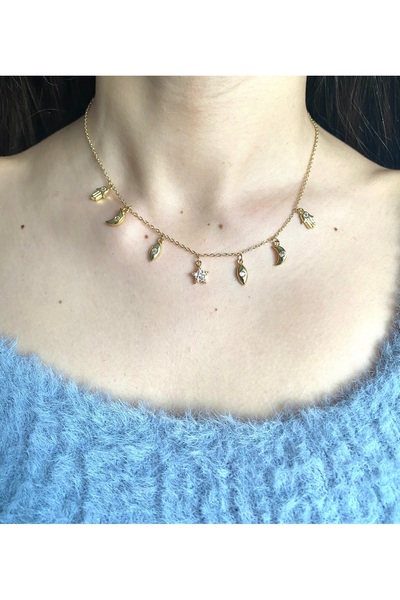 milayk قلادة فاطمة آنا من الفولاذ الذهبي مع تماثيل اليدين والقمر