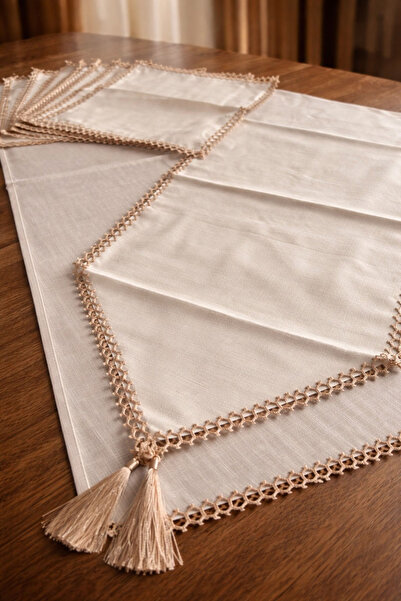 MODA 12-Person Coffee Mesh Service Tablecloth with Six Runners