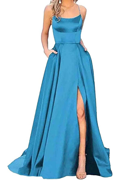 OEM Elegant long satin dress, sleeveless, slim waist, blue L