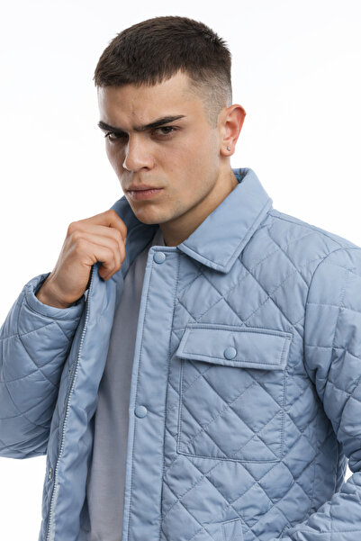 Polo State Men's Quilted Diamond Patterned Slim Fit Blue Coat Jacket