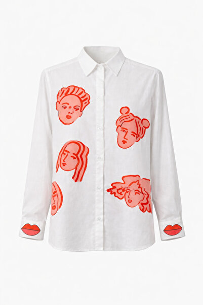 poupee Patterned White Shirt Women, Artistic Face Printed Oversized Long Slee...