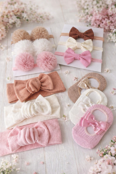 ESES BEBE Kız Bebek Bandana Çorap Set (12 Parça)
