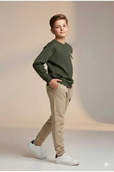 Kids Erkek Çocuk Haki Cepli Sweatshirt & Bej Jogger Eşofman Takımı